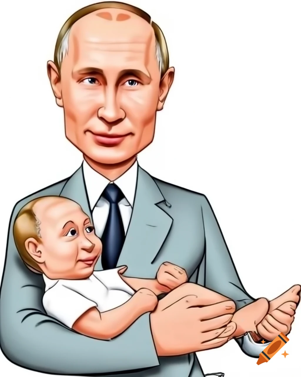 Caricature of Vladimir Putin holding a baby with a smug expression on ...