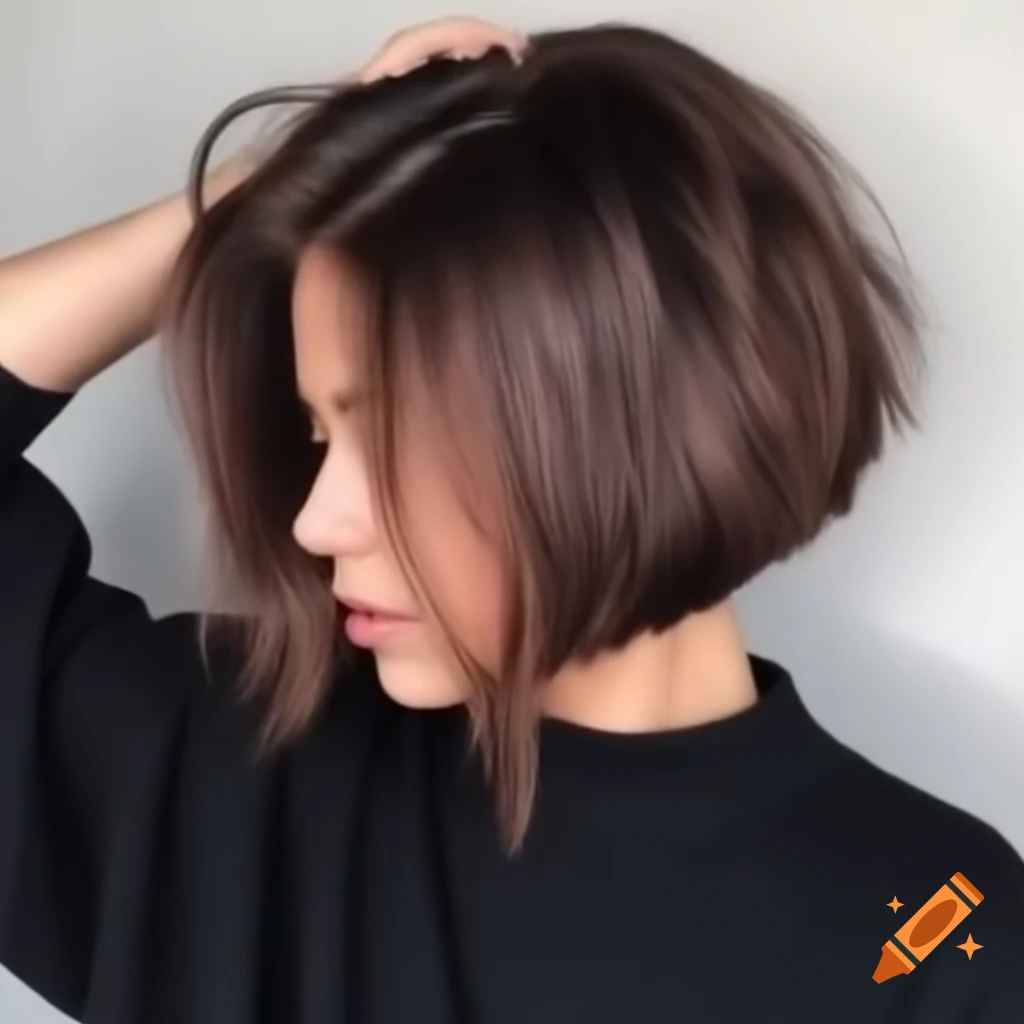 Young woman with thick brown hair in extreme shaved undercut bob hairstyle