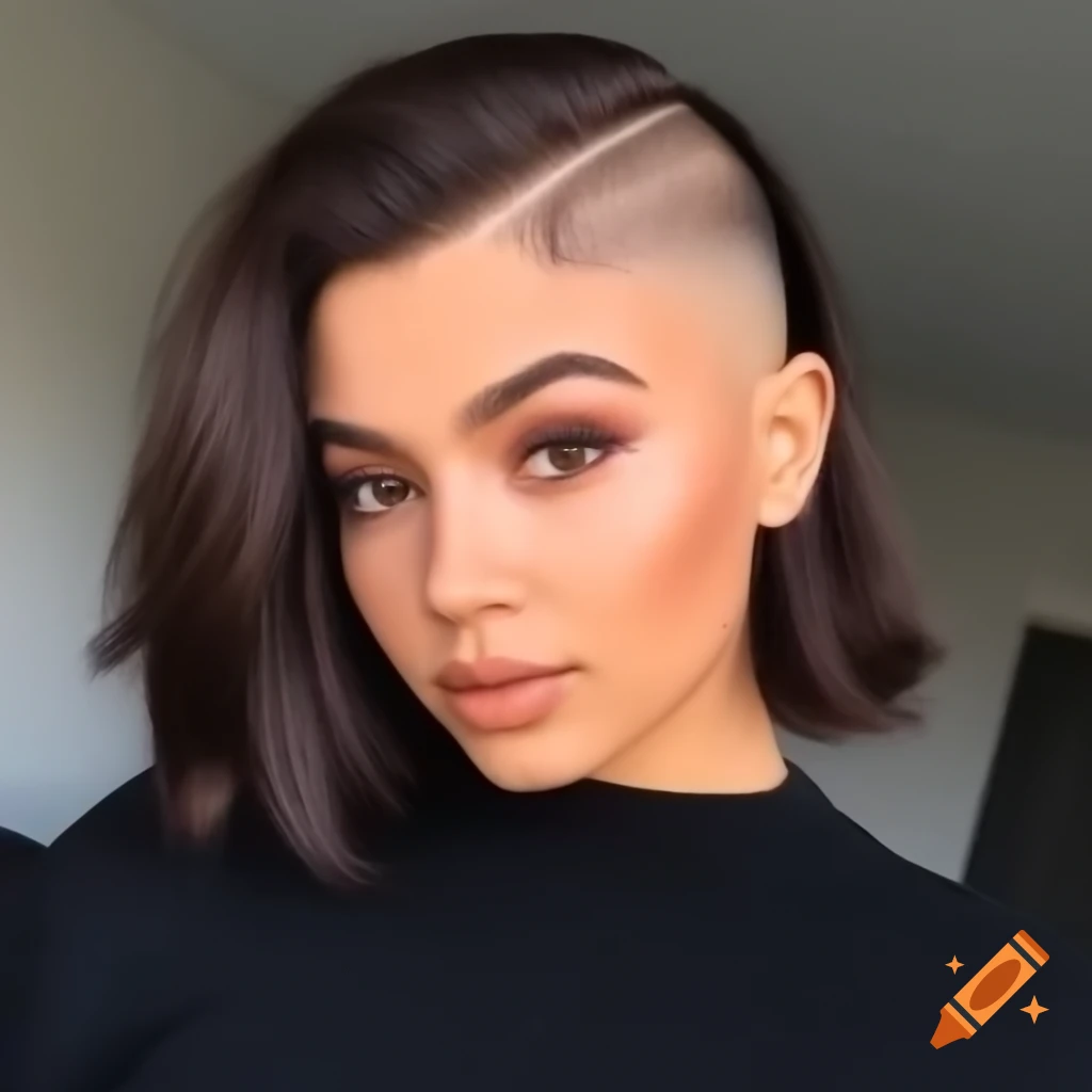 Young woman with thick dark brown hair and extreme shaved undercut bob hairstyle
