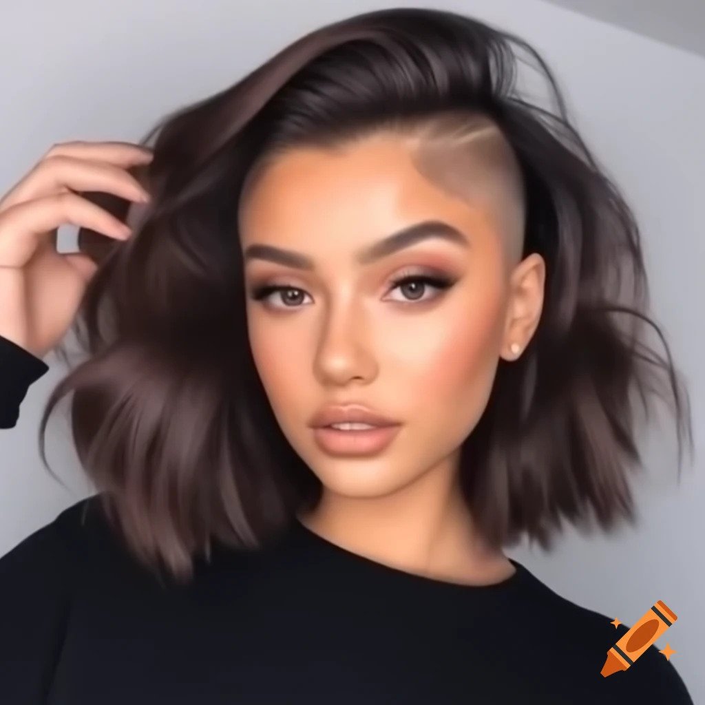 Beautiful woman with thick dark brown hair styled in an extreme shaved undercut bob