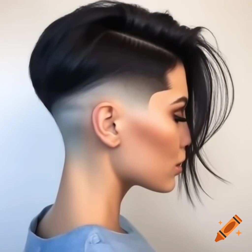 Woman with freshly shaved undercut angled bob haircut and extreme shaved nape
