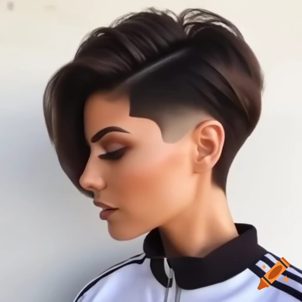 Lebanese woman's thick dark brown undercut bob hairstyle with asymmetrical angle