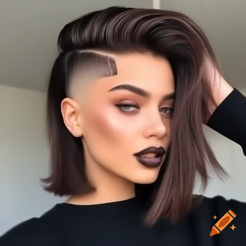 Young woman with thick dark brown hair in a dramatic undercut bob