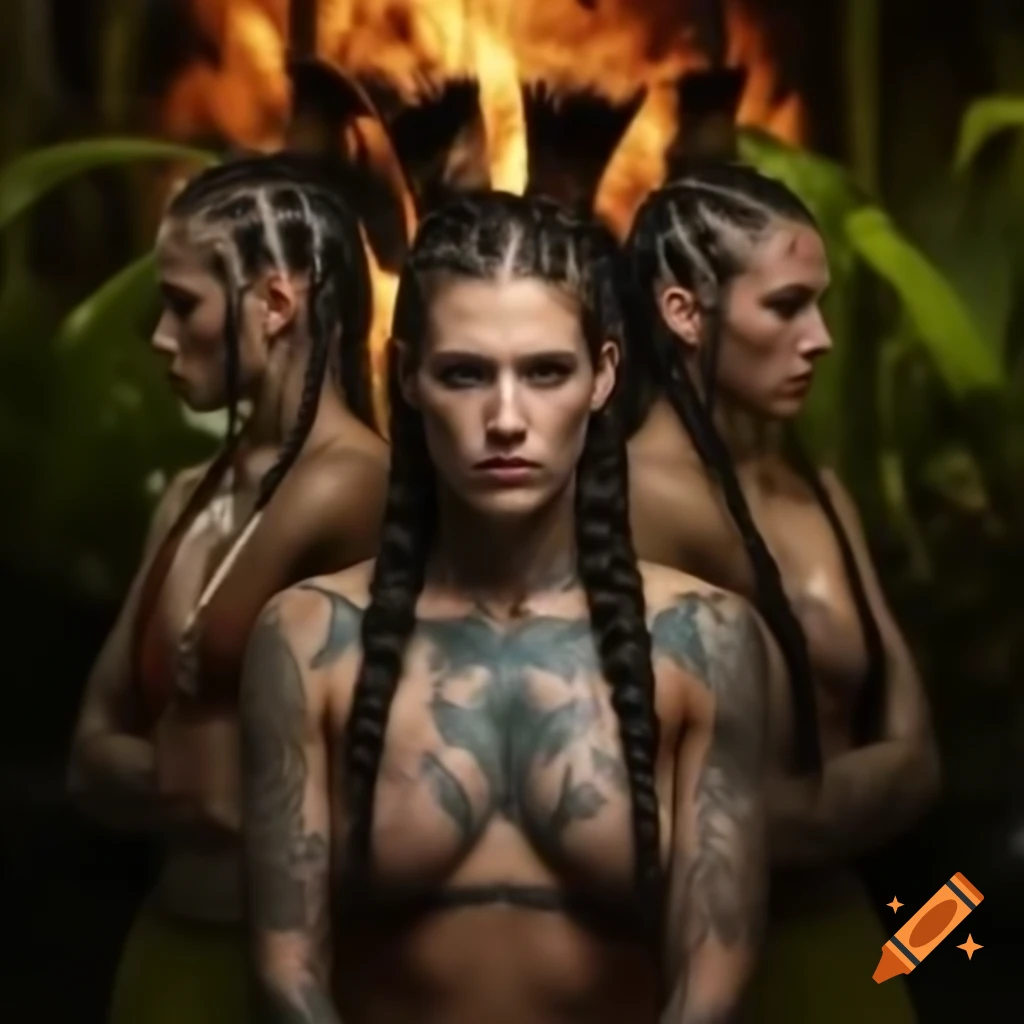 Caucasian woman with cornrow boxer braids and tribal tattoos near jungle bonfire