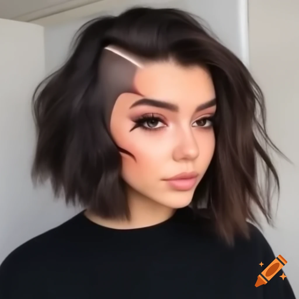 Young woman with thick dark brown hair in extreme shaved undercut bob