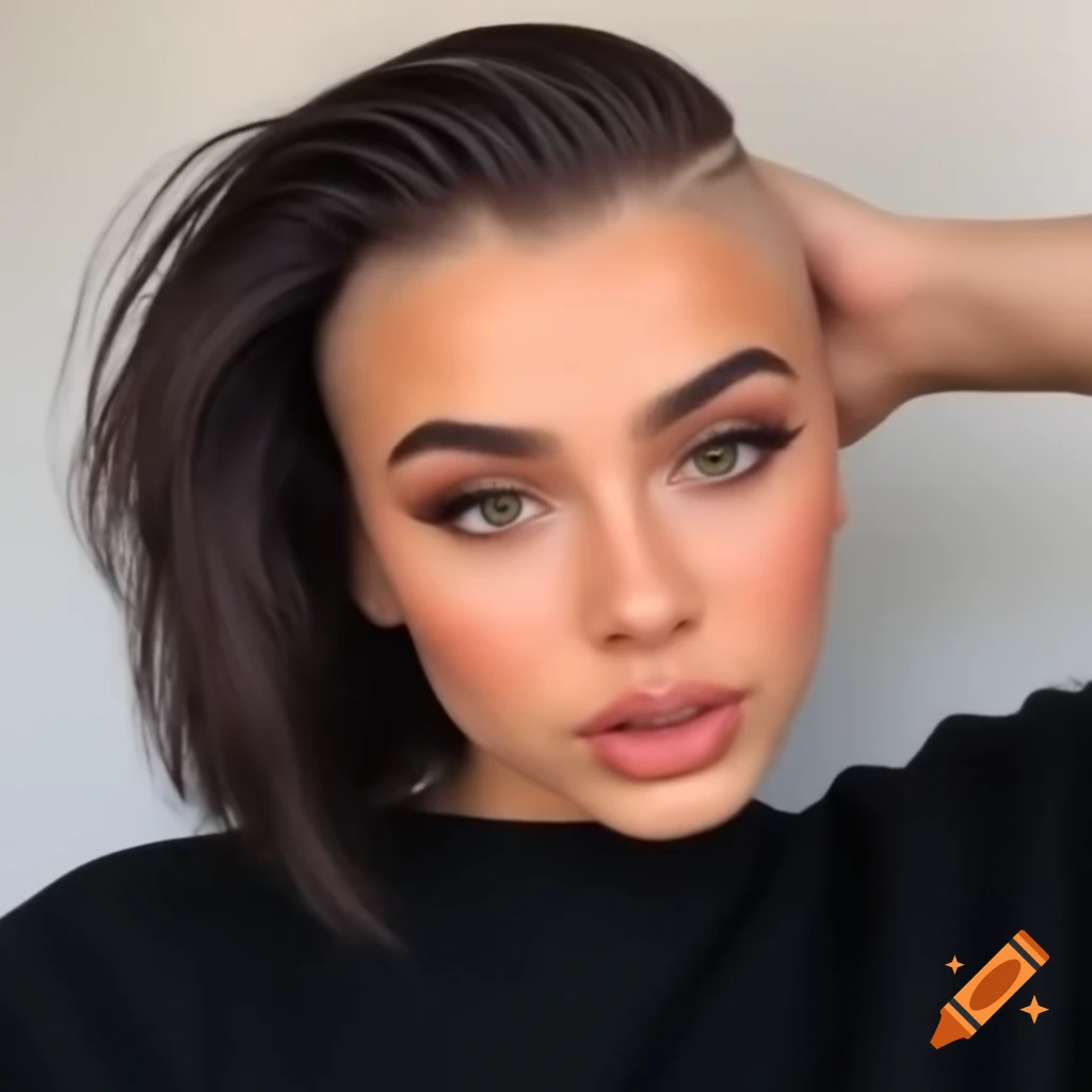 Mediterranean woman with thick dark brown hair in an extreme shaved undercut bob