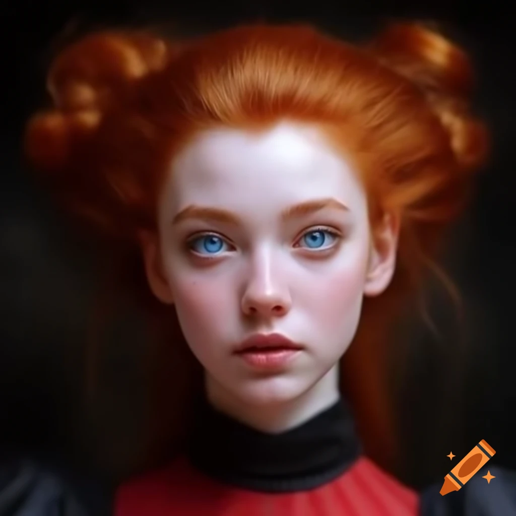 Young woman with red hair and blue eyes in black and red dress on Craiyon