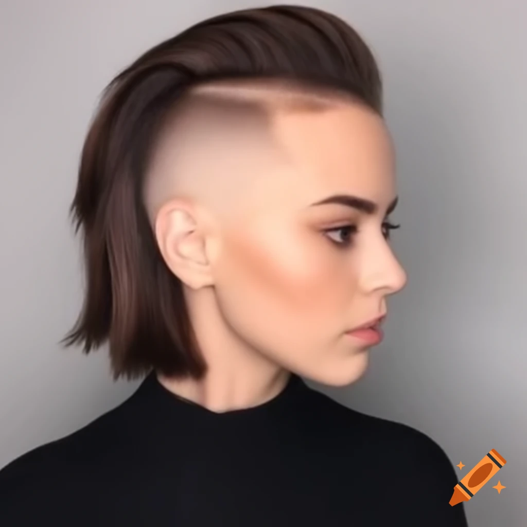Young woman with thick dark brown hair in asymmetrical bob and shaved undercut