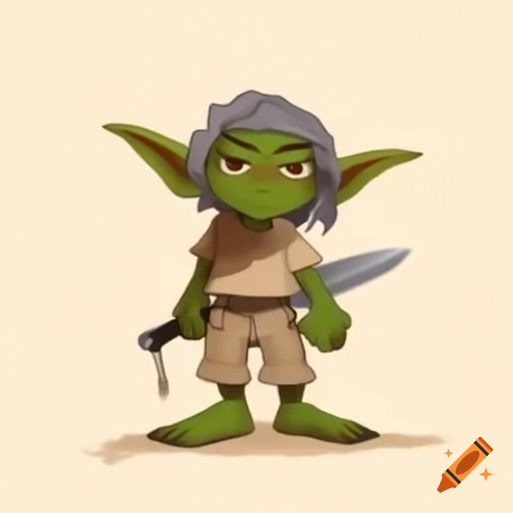 D&D goblin character with ripped beige clothes and a small knife