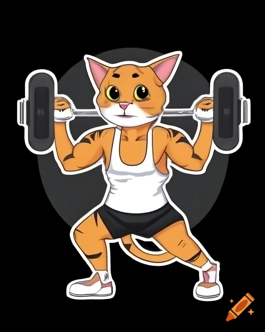 Realistic cat lifting weights in 80's exercise outfit on white background