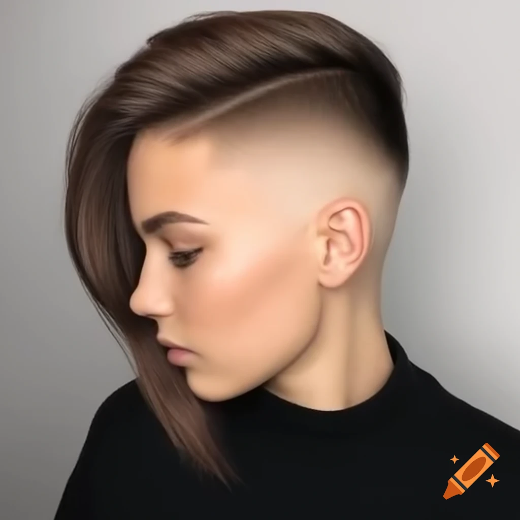 Young woman with thick dark brown hair styled in an asymmetrical bob and shaved undercut