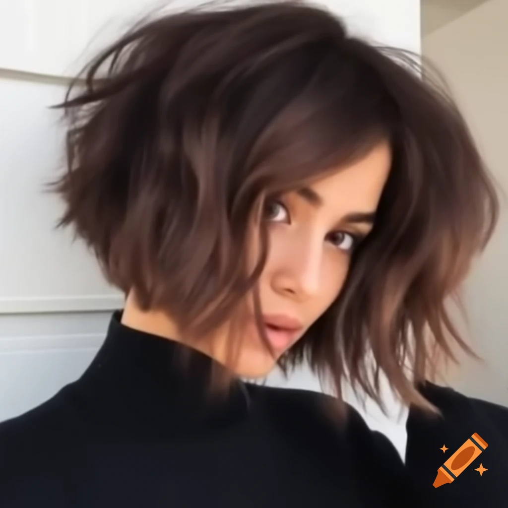 Mediterranean woman with thick dark brown hair in an extreme shaved undercut bob