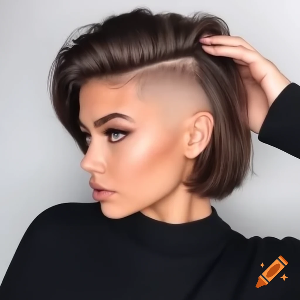 Young woman with thick dark brown hair styled in an asymmetrical bob and shaved undercut