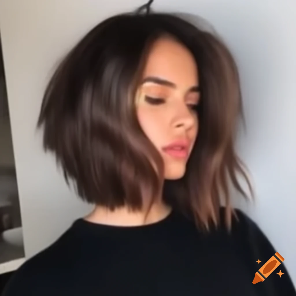 Young woman with thick dark brown hair styled in an asymmetrical bob and shaved undercut