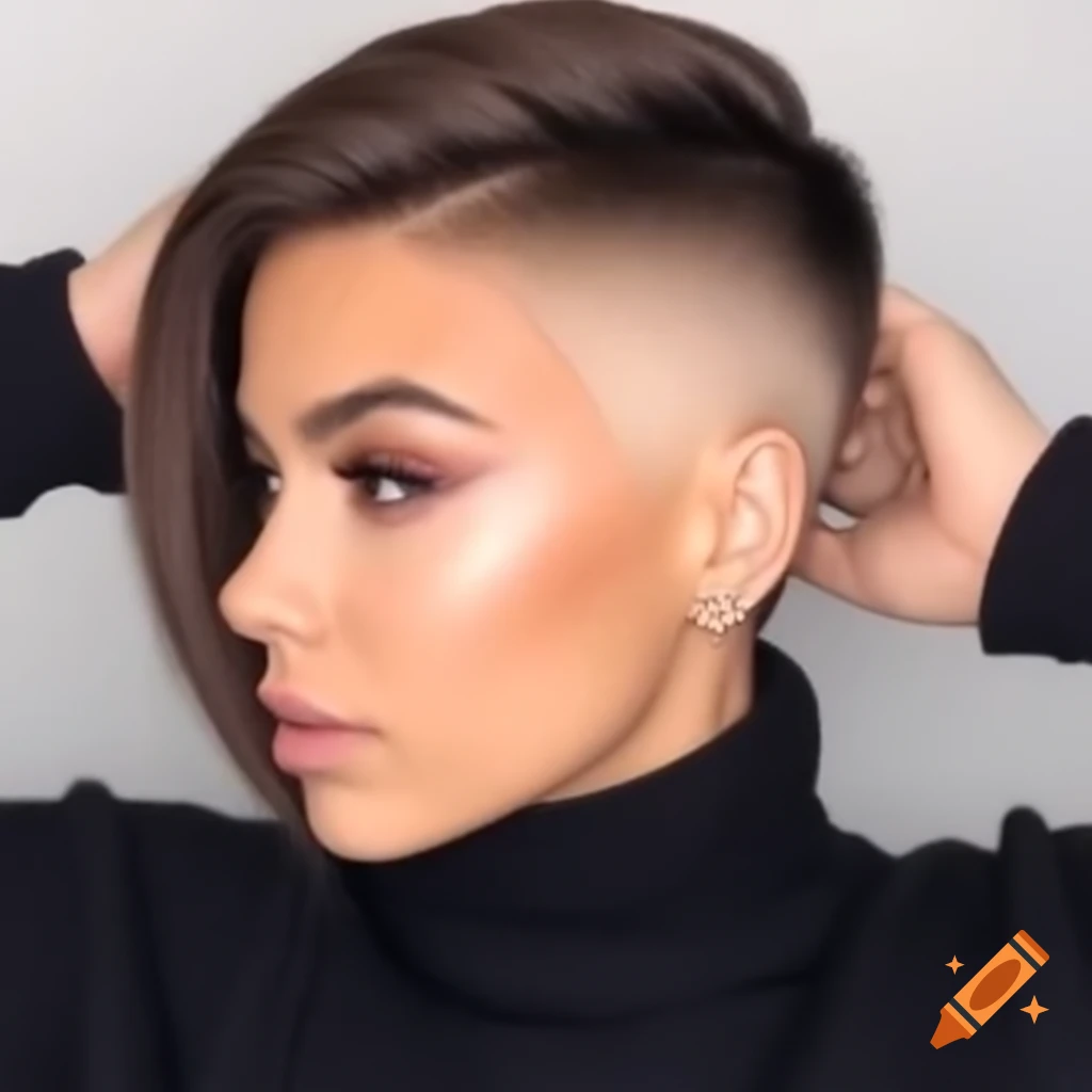 Young woman with thick dark brown hair in asymmetrical bob and shaved undercut