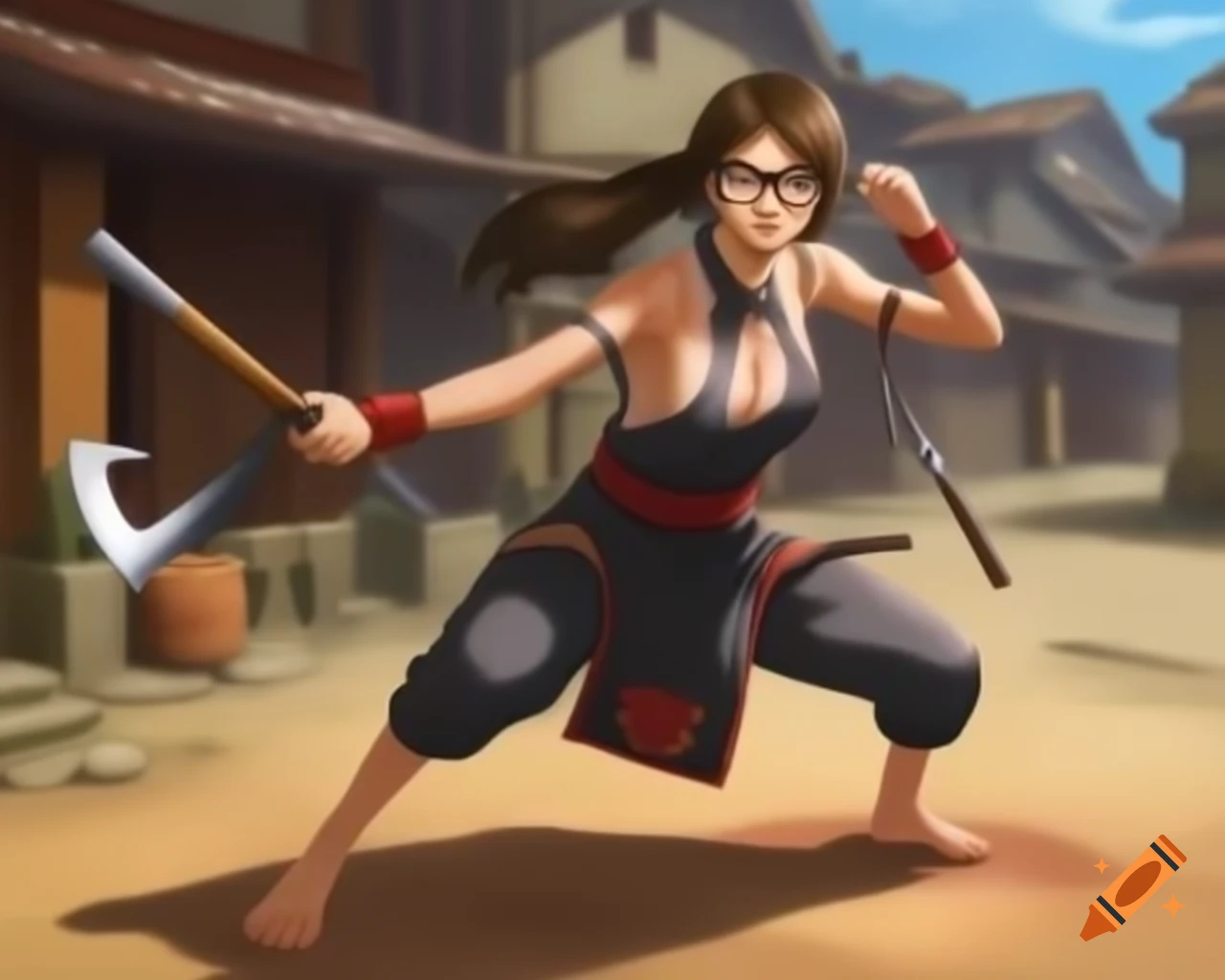 Elegant barefoot ninja woman in glasses posing with daggers in village ...