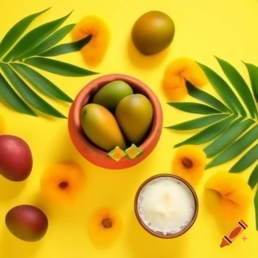 Vibrant Ugadi celebration featuring fresh mangoes, green leaves, and decorated Kalash with Ugadi Pachadi ingredients