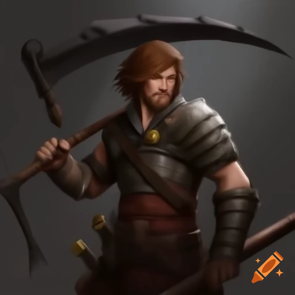 Young barbarian male with short brown hair and yellow eyes holding a large scythe
