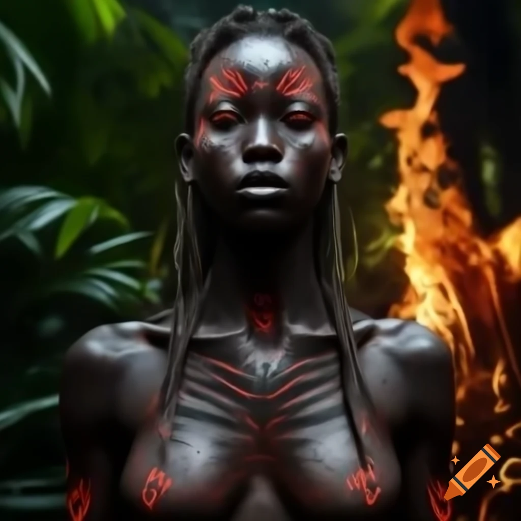 Muscular African female with glowing tribal tattoos in a fire-lit jungle