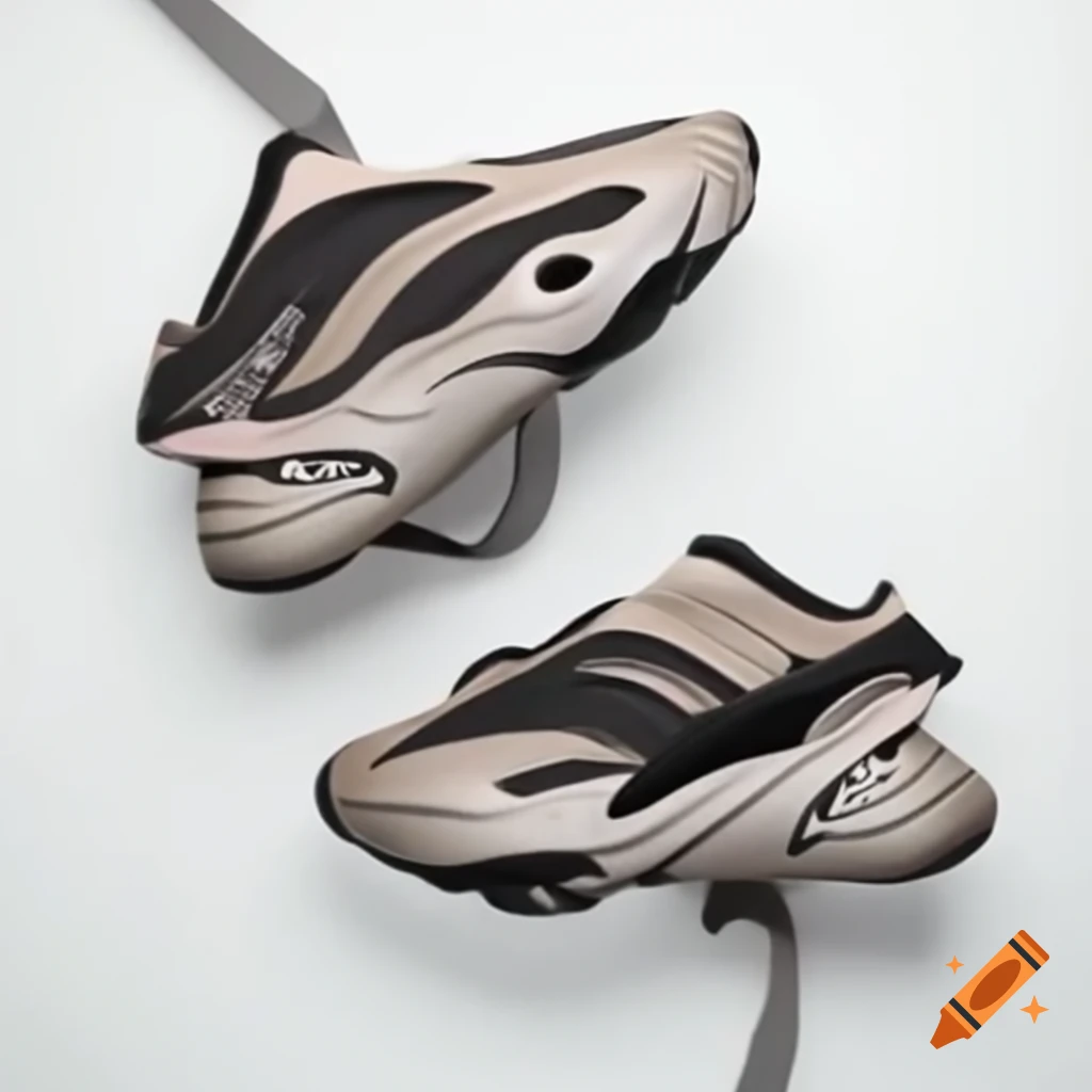 Renaissance styled Yeezy 700v3 with Crocs and Balenciaga on white background