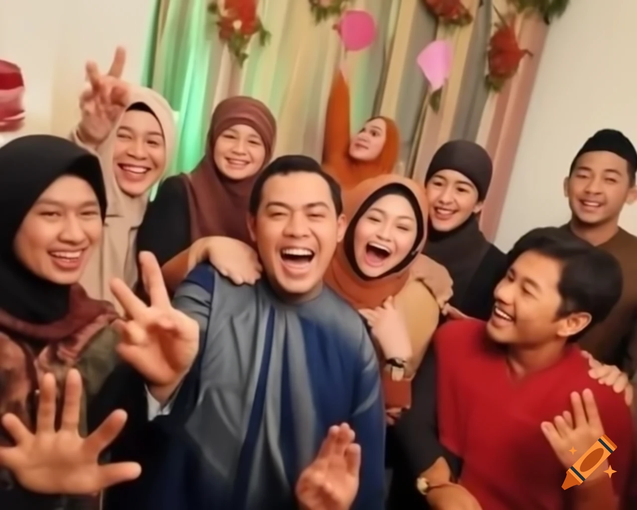 Vibrant Hari Raya celebration with happy men and women in hijabs