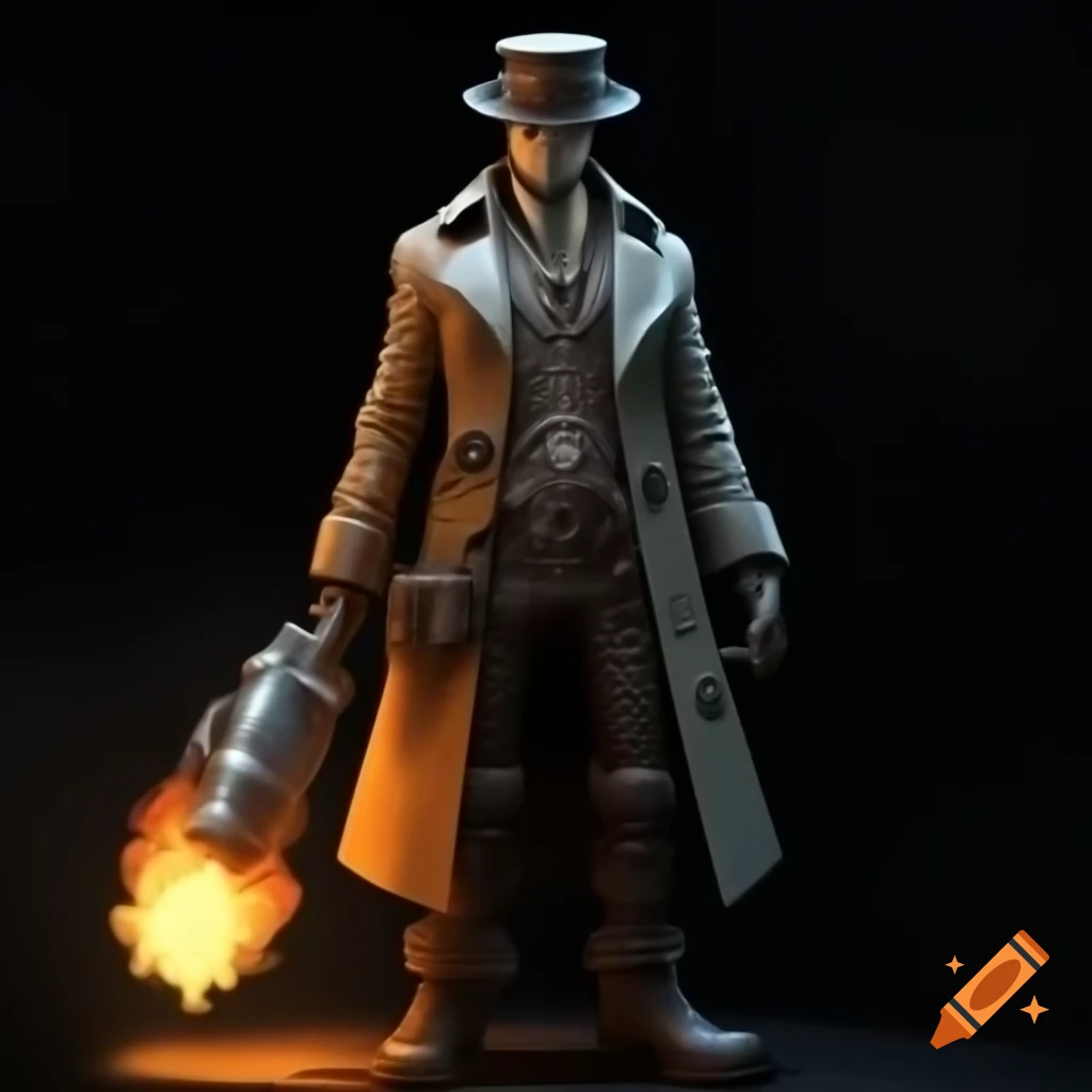 Steampunk man in trenchcoat with goggles and flamethrower, pixel art
