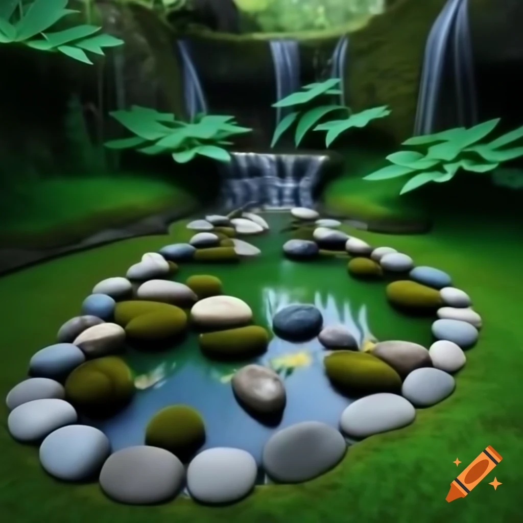 Naturalistic pond with moss-covered rocks and aquatic plants