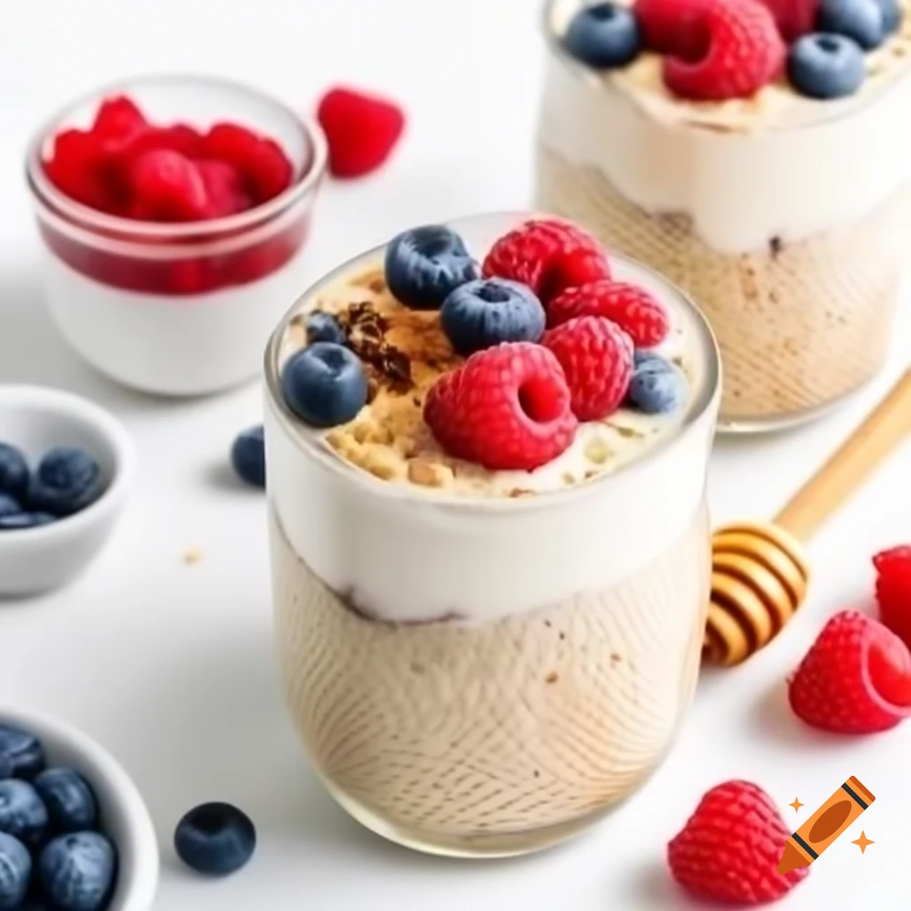 Overnight oats with almond milk, chia seeds, honey, topped with raspberries and blueberries