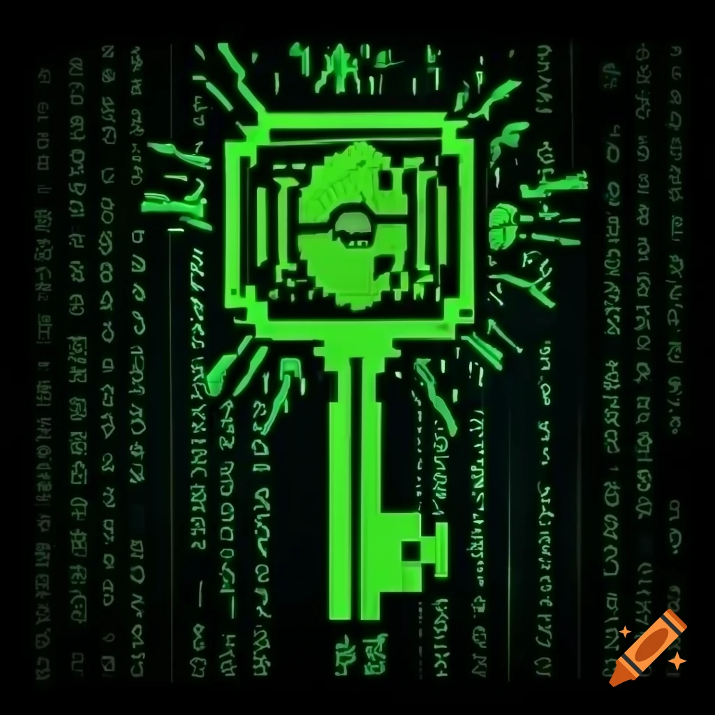 Pixel art green code key with Matrix-style background and globe handle