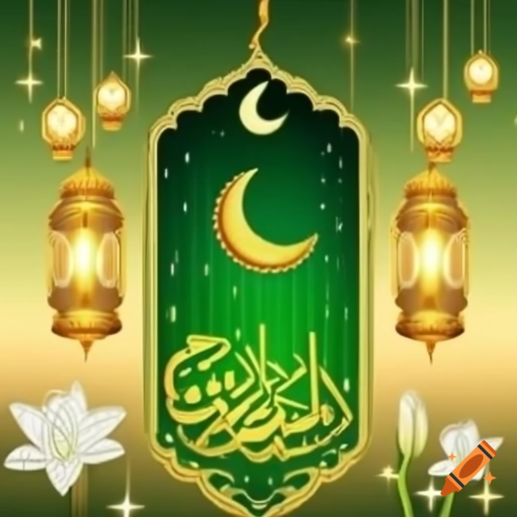 Eid Mubarak greeting card with glowing crescent moon, lanterns, and floral accents