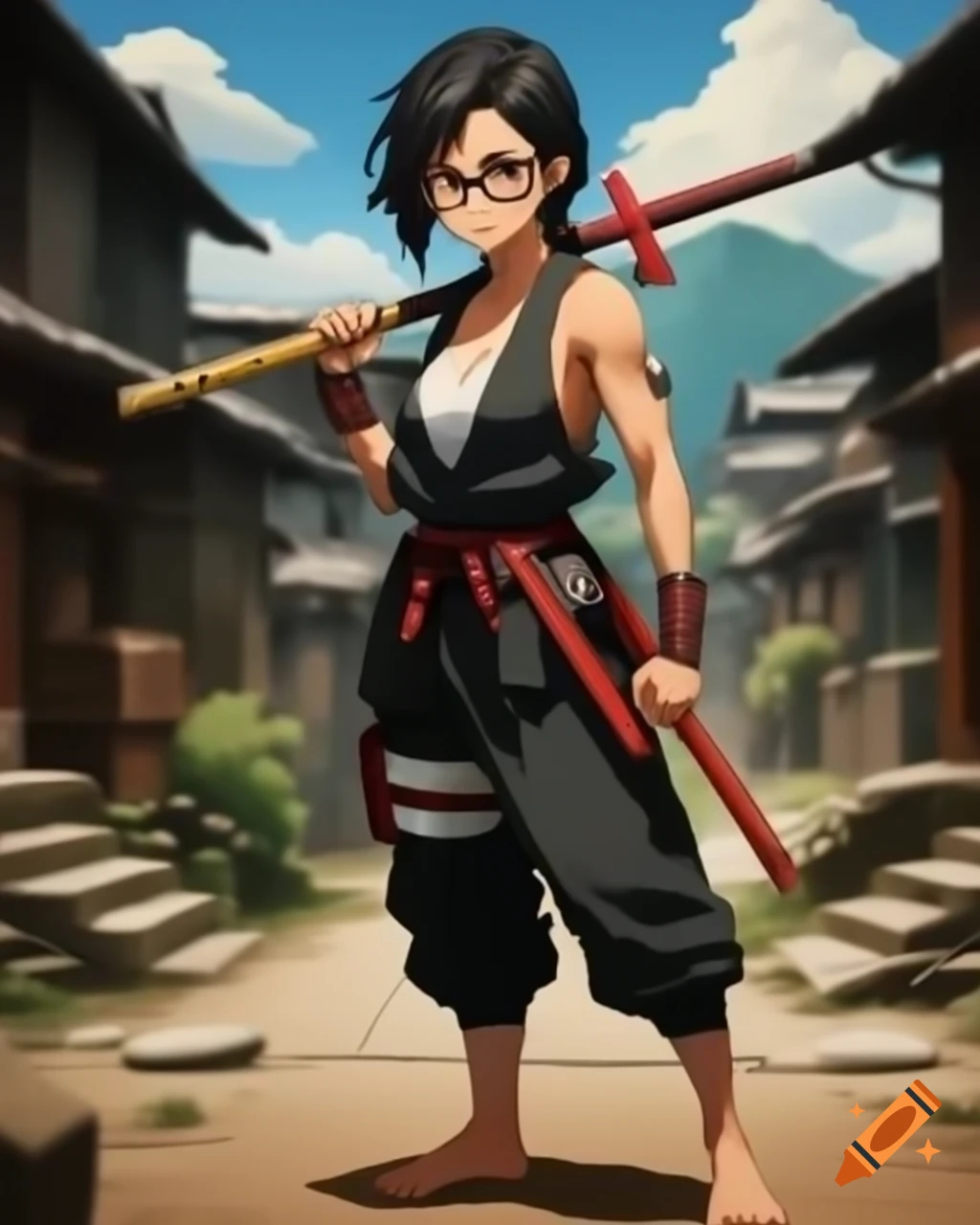 Elegant barefoot ninja woman posing with daggers in village setting on ...