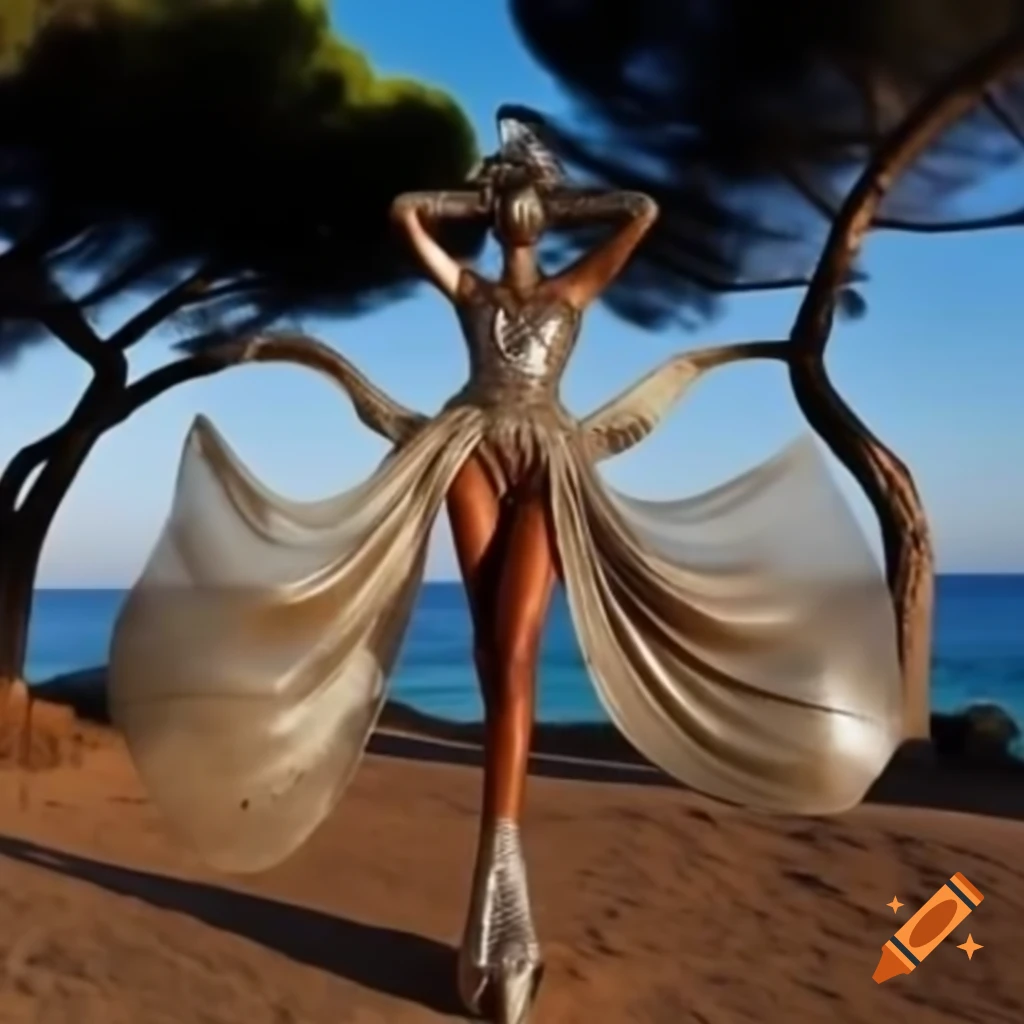 Supermodel with metallic features and wings flying by the Mediterranean seaside at golden hour