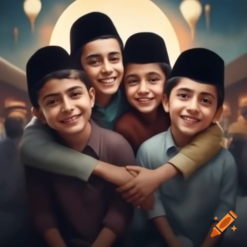 Two Muslim boys hugging and celebrating Eid in beautiful clothes and caps