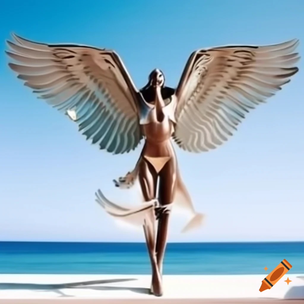 Supermodel with metallic wings jumping over seaside with Mediterranean pine