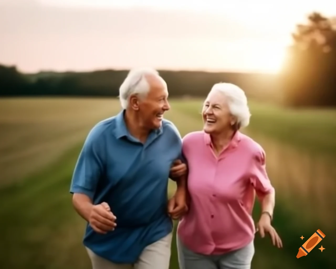 Elderly couple running together and smiling