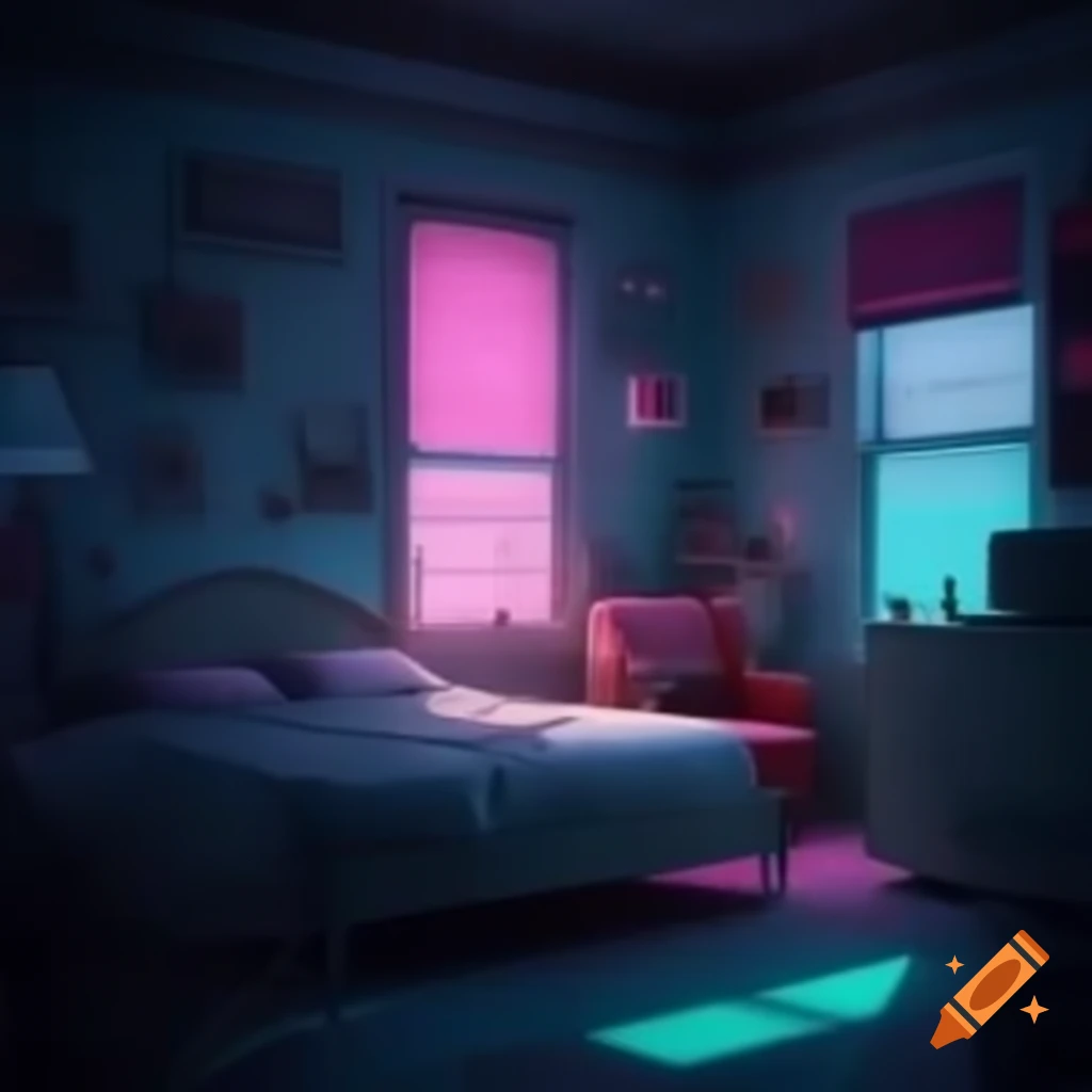 Vaporwave themed interior of a guest bedroom in a 1920s bungalow