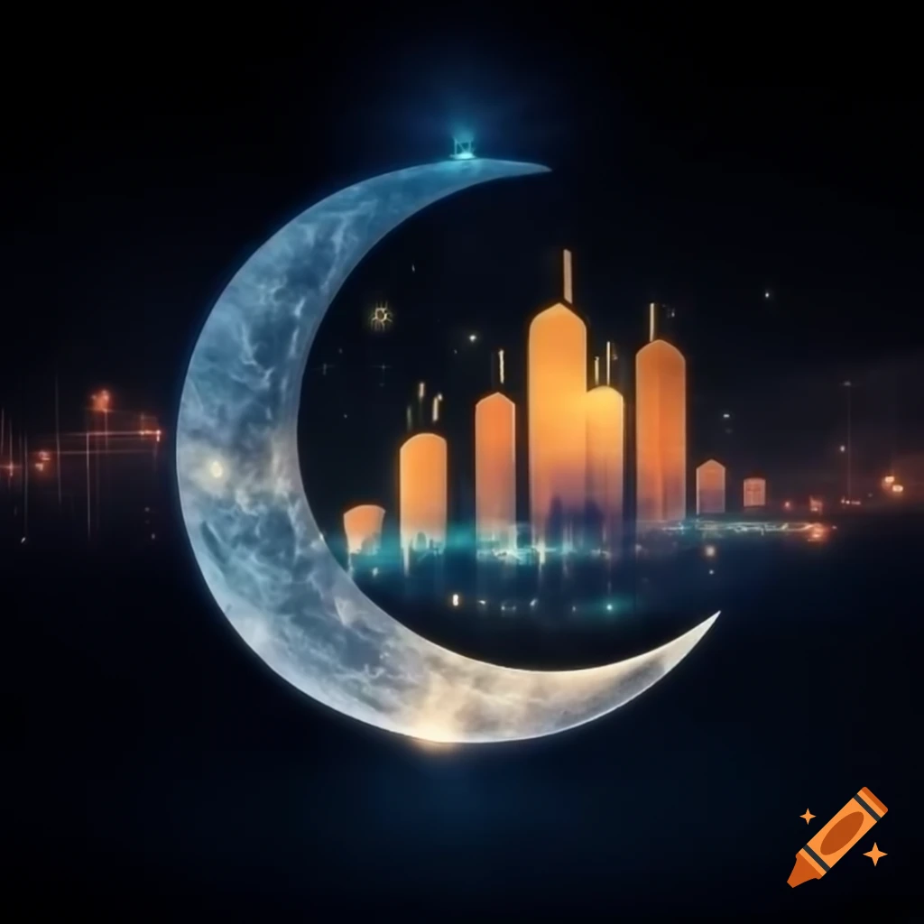 Eid Mubarak greeting design featuring crescent moon, stars, and cityscape