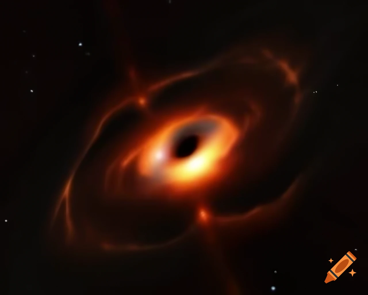 Artistic depiction of black hole distorting spacetime with realistic light bending