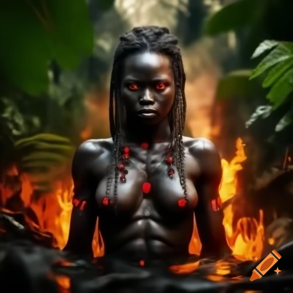 Muscular African female with glowing tribal tattoos in fire-lit jungle