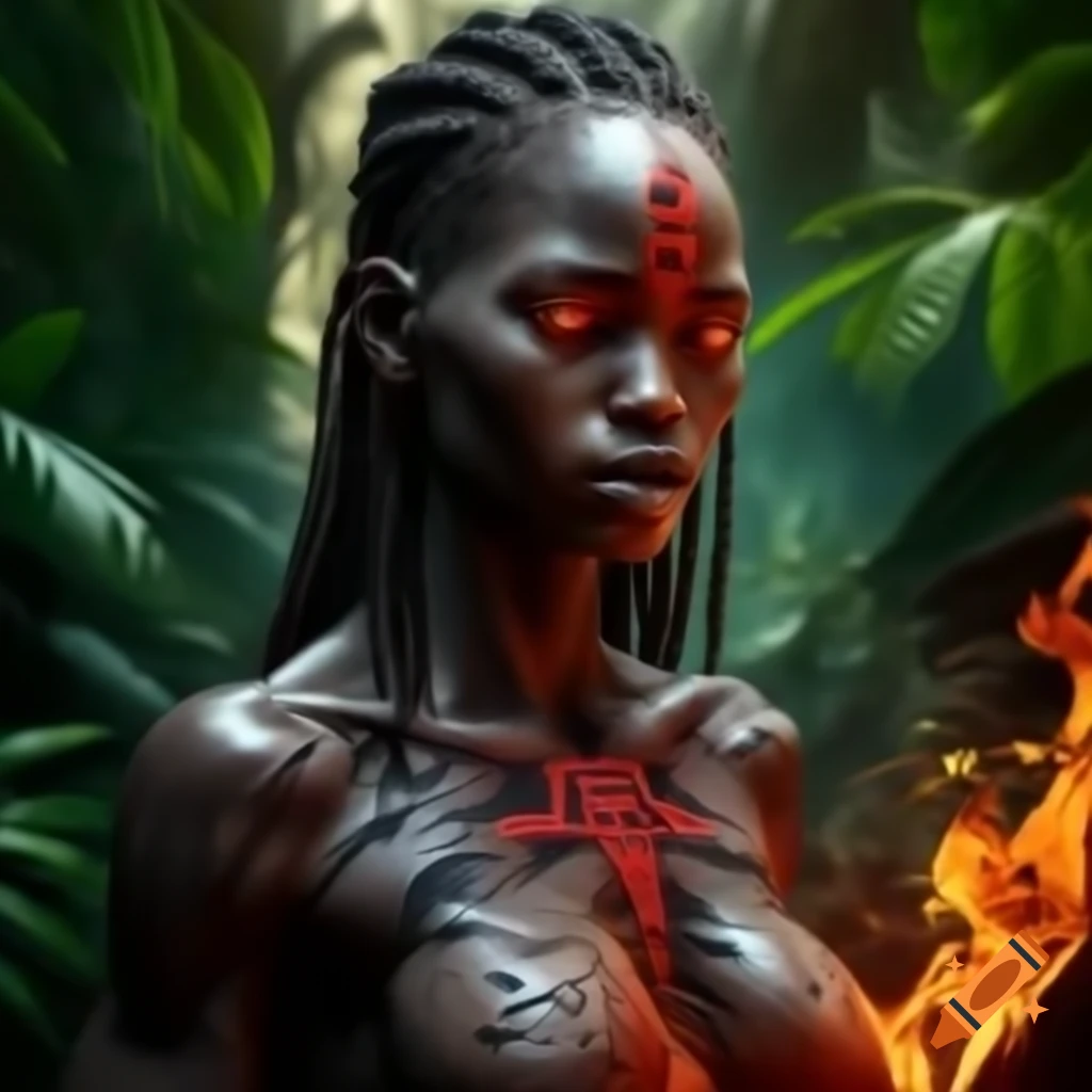 Muscular African female with glowing tribal tattoos in fire-lit jungle
