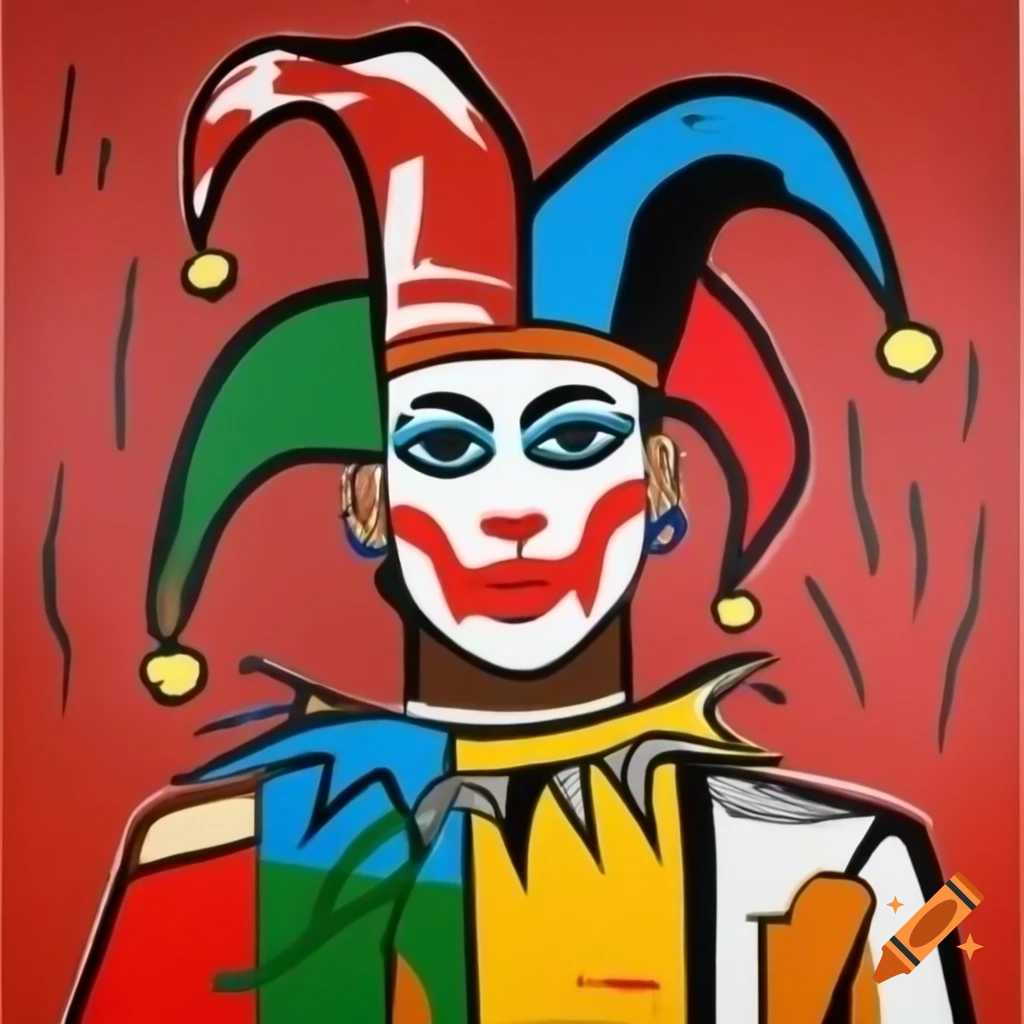 Jester painting inspired by Jean-Michel Basquiat and Wifredo Lam styles