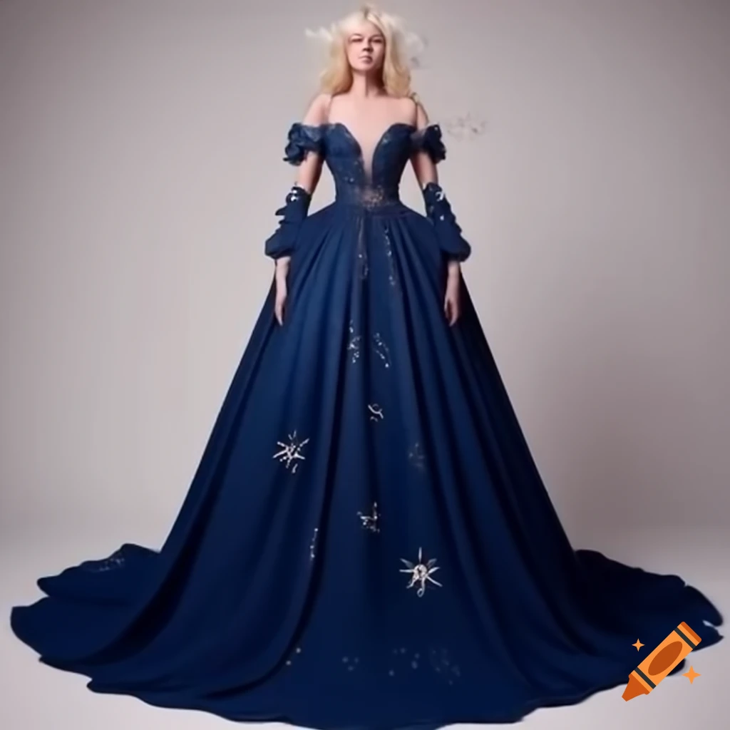 Bridal portrait of blonde bride in midnight blue A-line wedding dress with starry constellation