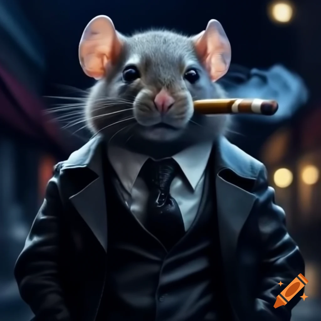mouse smoking cigarette Mysterious mouse in black suit smoking a cigarette at night on Craiyon