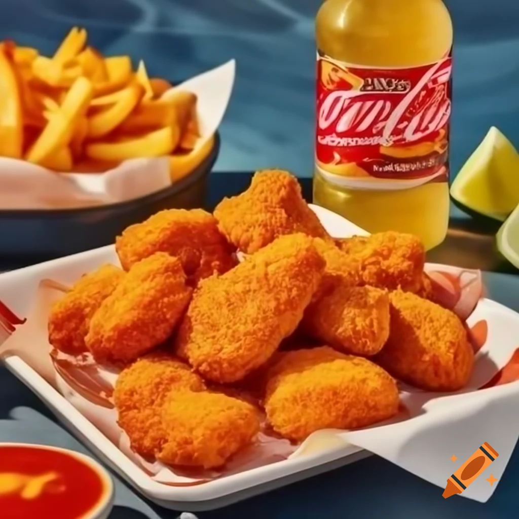 Golden crispy chicken nuggets with spicy dipping sauce and crispy fries