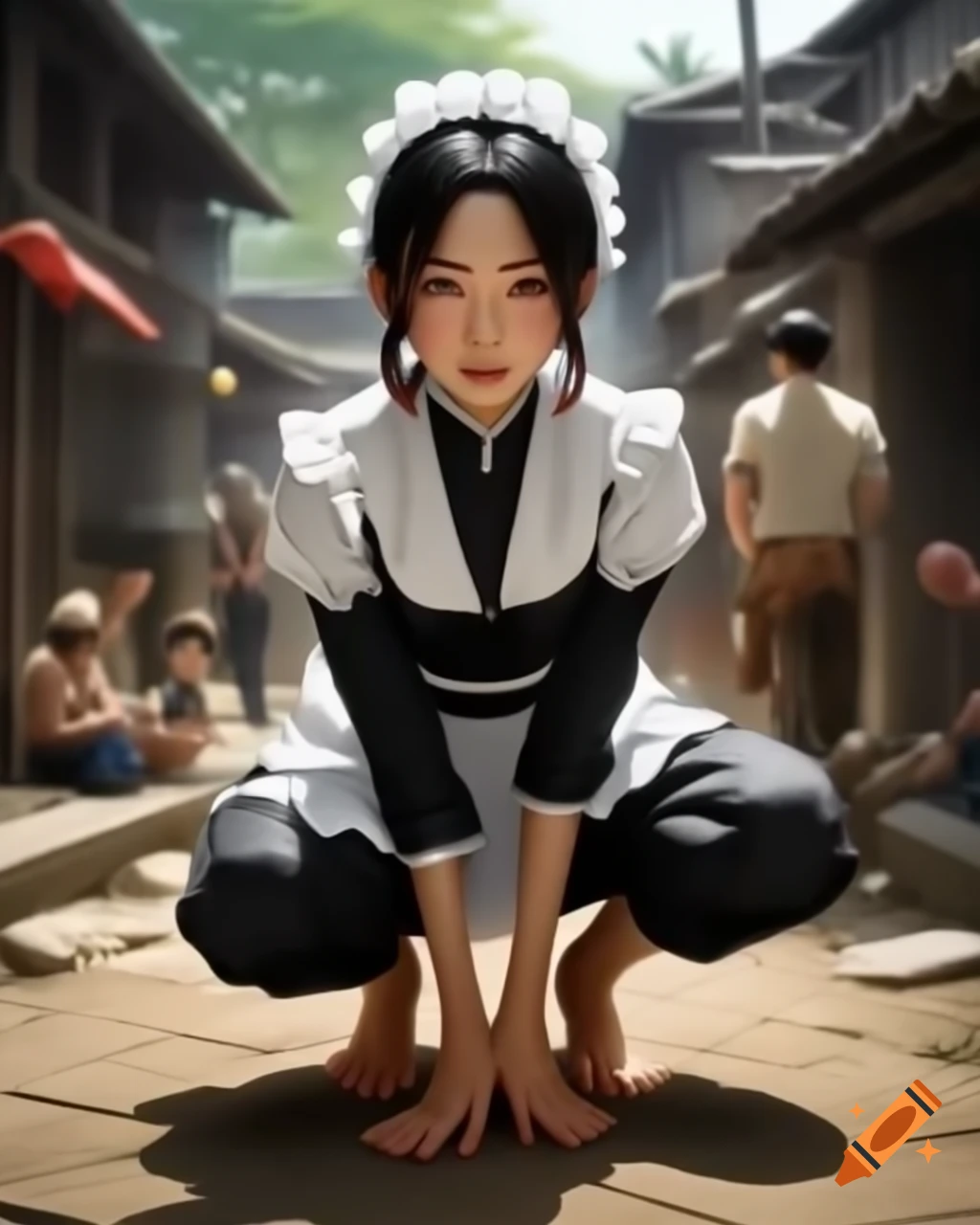 Elegant barefoot ninja maid woman crawling in a village surrounded by ...