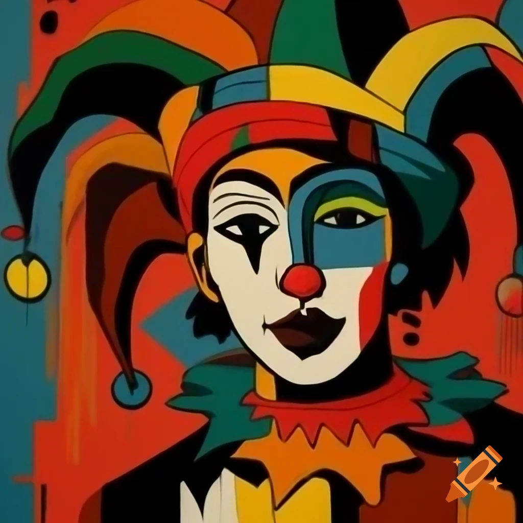 Jester painting inspired by Jean-Michel Basquiat and Wifredo Lam styles