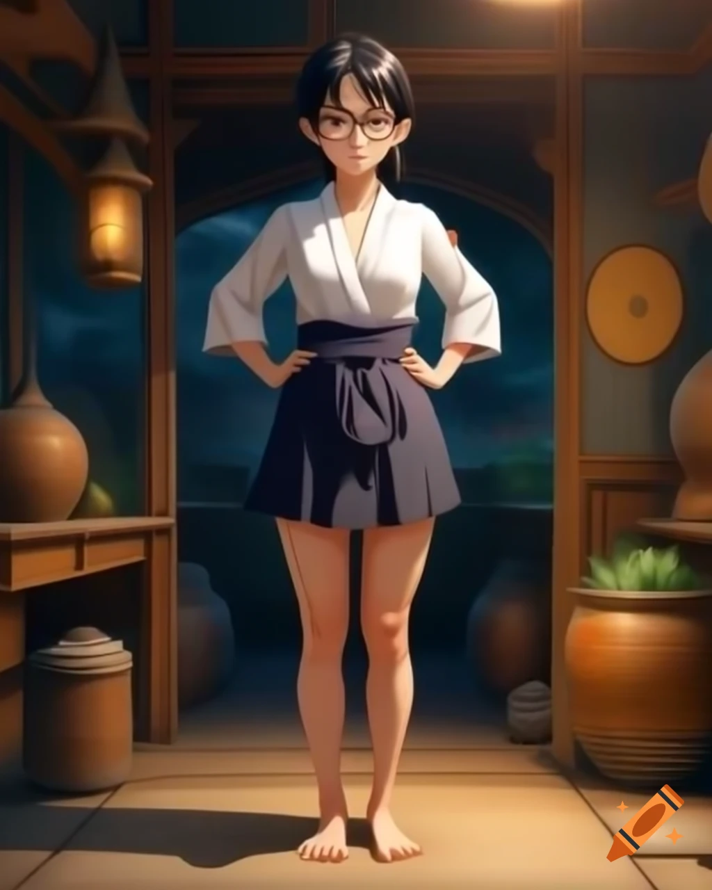 Elegant barefoot ninja woman in glasses posing at her village home in ...