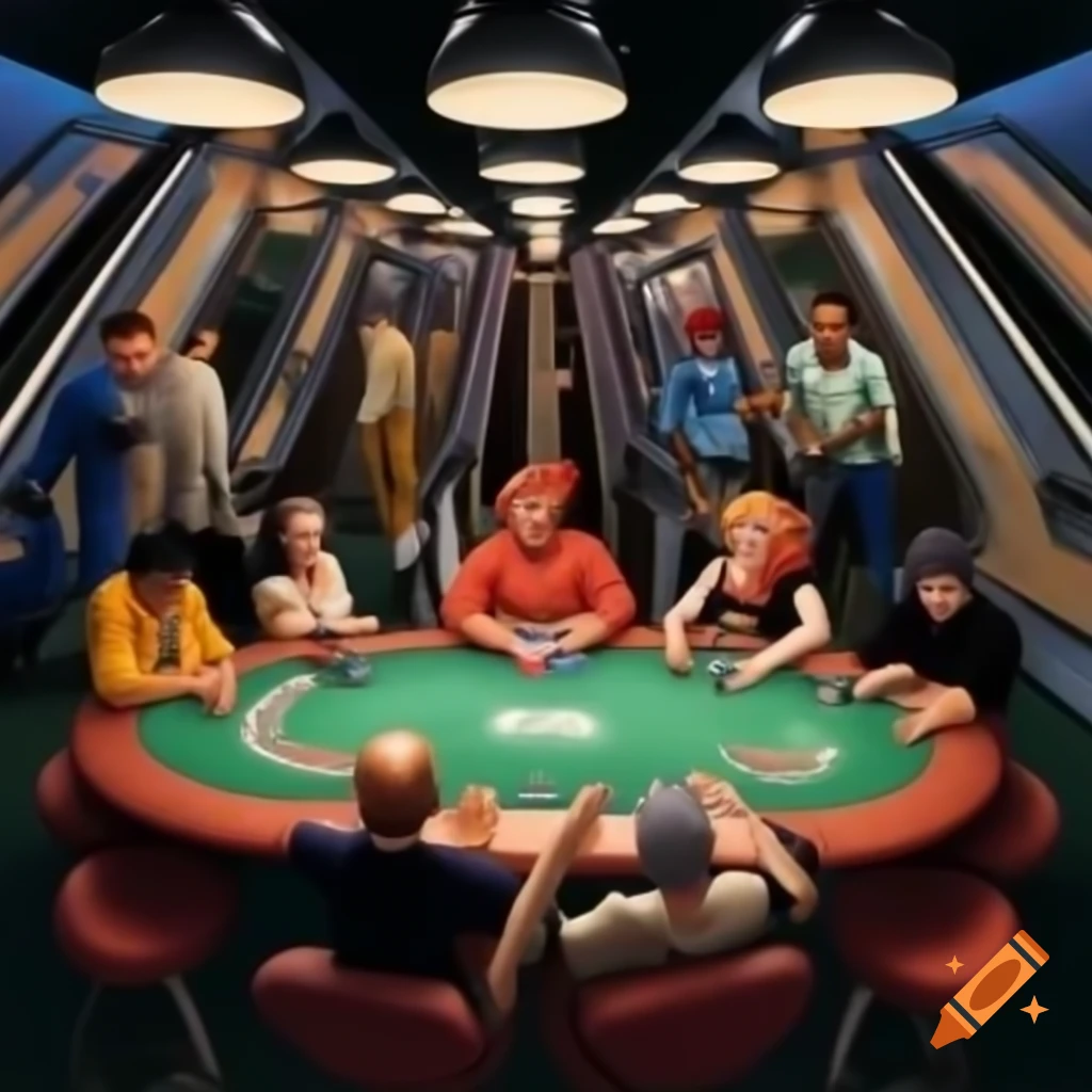 Colorful scene with rabbits, cars, escalators, and people playing poker ...