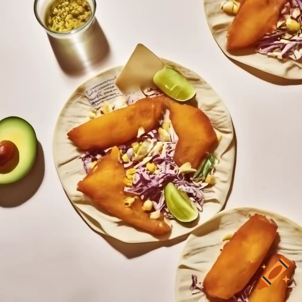 Crispy battered fish tacos with cabbage slaw, avocado, lime, seasoned fries, and spicy salsa