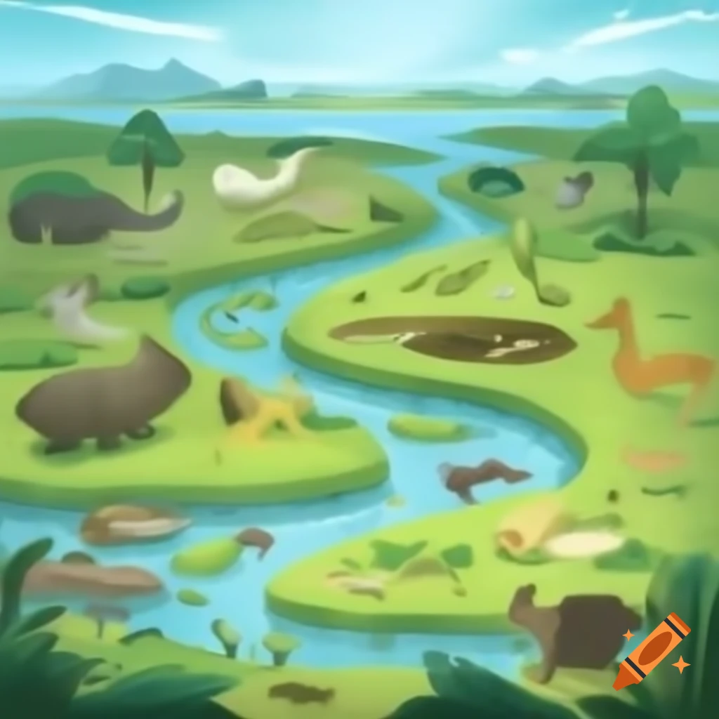 Ecosystem featuring animals in an estuary, groundwater, watersheds, and river basin